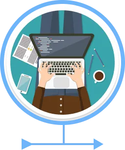 Coder with laptop in teal circle, arrow pointing right.