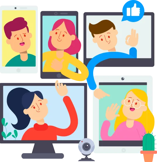 Virtual meeting: Computer, tablet, phone – diverse participants.