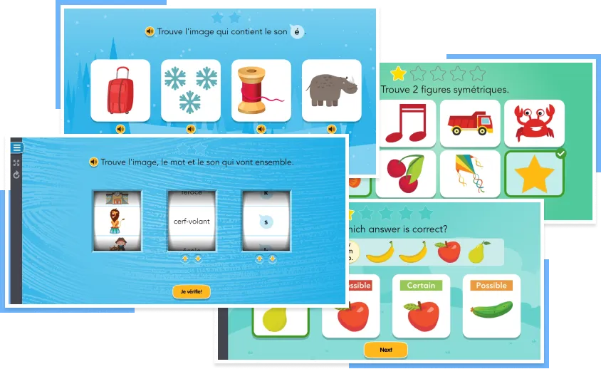 Quatre captures d'écran de pages web présentant des jeux pour enfants favorisant l'apprentissage interactif.