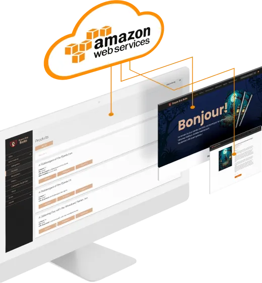 Écran : CMS, deux pages web, logo AWS connectant ces éléments.