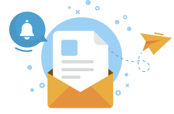 Envelope with paper, bell, and paper plane icons symbolizing messaging and notification features.