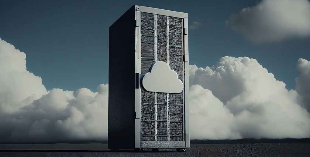 A server rack with a cloud symbol attached to its front, set against a backdrop of a cloudy sky, representing the integration of traditional data center storage with modern cloud computing solutions